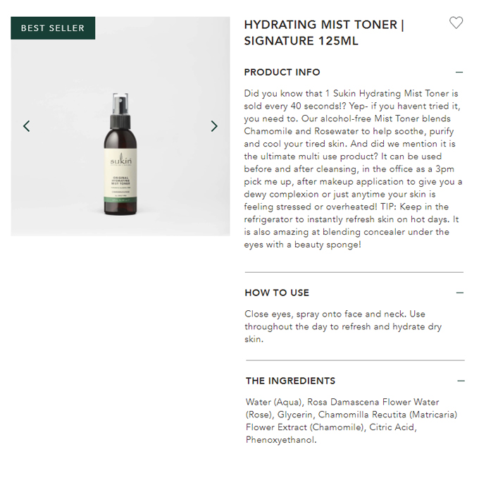 Sukin Hydrating Mist Toner [수킨] 하이드레이팅 미스트 토너 125ml